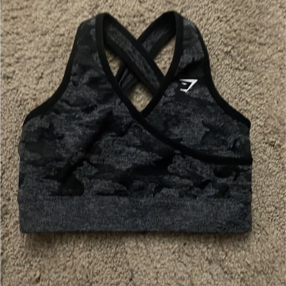 Gymshark Black and Charcoal Camo Crossback Sports Bra